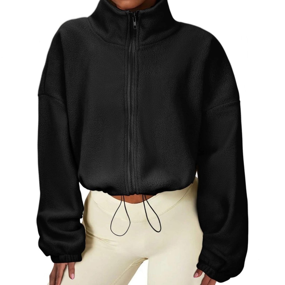Black Cropped Fleece Full Zip Jacket Mock Neck Drawstring Hem Womens Medium